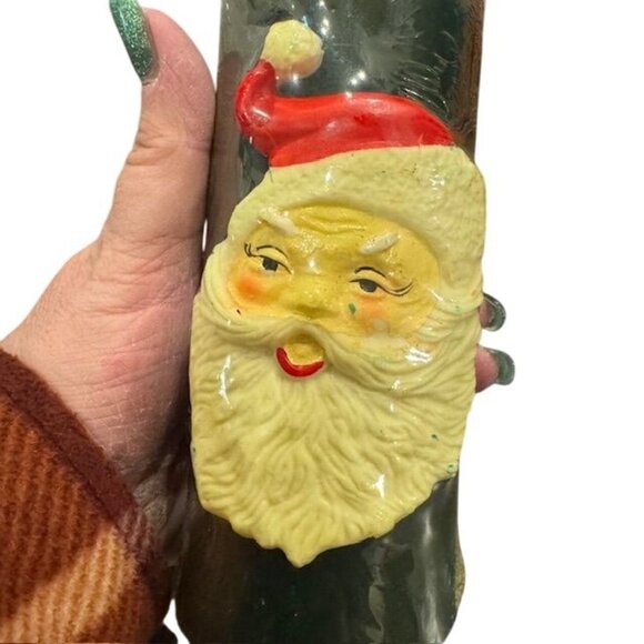 Vintage Santa Claus Face Christmas Candle Hand-Painted Green Base Holiday Décor - Picture 2 of 5